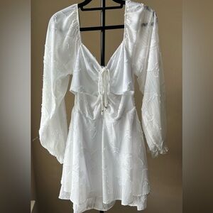 white bell sleeve mini dress with heart neckline and cutouts!!